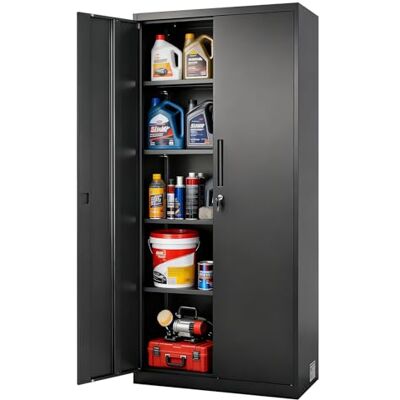 VEVOR Armadio da Ufficio in Acciaio con Serratura da 175 cm con 4 Ripiani Regolabili, 2 Ante Magnetiche, 2 Chiavi, 5 Ripiani per Riporre gli Attrezzi per Dispensa, Magazzino, Cantina, Nero VEVOR Armadio da Ufficio in Acciaio con Serratura da 175 cm con 4 Ripiani Regolabili, 2 Ante Magnetiche, 2 Chiavi, 5 Ripiani per Riporre gli Attrezzi per Dispensa, Magazzino, Cantina, Nero