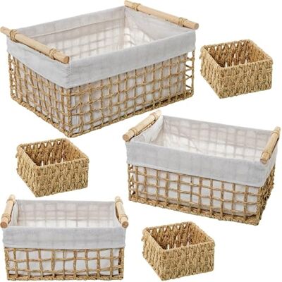 DRW Set di 3 cestini in corda di carta con tessuto di cotone poliestere naturale e bianco 50x35x25+44x30x20+37x25x17 cm DRW Set di 3 cestini in corda di carta con tessuto di cotone poliestere naturale e bianco 50x35x25+44x30x20+37x25x17 cm