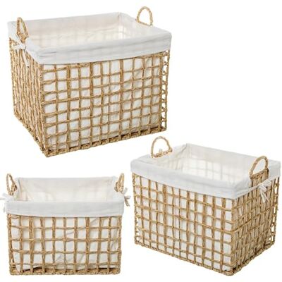 DRW Set di 3 cestini in corda di carta con tessuto di cotone poliestere naturale e bianco 44x35x35+40x30x30+36x25x25 cm DRW Set di 3 cestini in corda di carta con tessuto di cotone poliestere naturale e bianco 44x35x35+40x30x30+36x25x25 cm