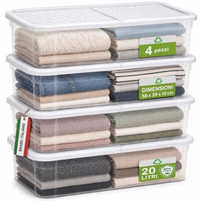 BAKAJI Set 4 Contenitori Sottoletto con Coperchio Trasparente, Storage Box Organizer Impilabile Salvaspazio Capiente e Robusto, Scatole Multiuso per Armadio, Vestiti, Stoccaggio Versatile BAKAJI Set 4 Contenitori Sottoletto con Coperchio Trasparente, Storage Box Organizer Impilabile Salvaspazio Capiente e Robusto, Scatole Multiuso per Armadio, Vestiti, Stoccaggio Versatile