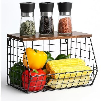 Relaxdays Cestino da Parete per Frutta, ripiano, Organizer Cucina, HLP: 22x30x20 cm, Gabbia in Metallo, Nero/Marrone Relaxdays Cestino da Parete per Frutta, ripiano, Organizer Cucina, HLP: 22x30x20 cm, Gabbia in Metallo, Nero/Marrone