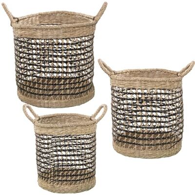 DRW Set di 3 cestini di erba di mare in naturale e nero 36x35/43, 33x33/41 e 26x30/38 DRW Set di 3 cestini di erba di mare in naturale e nero 36x35/43, 33x33/41 e 26x30/38