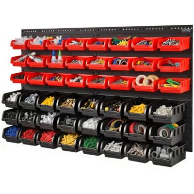 VEVOR Contenitori portaoggetti, Scaffale da 48 contenitori per garage, Organizzatore di attrezzi per dadi, bulloni, viti, chiodi, perline, bottoni, altre piccole parti, Nero e Rosso VEVOR Contenitori portaoggetti, Scaffale da 48 contenitori per garage, Organizzatore di attrezzi per dadi, bulloni, viti, chiodi, perline, bottoni, altre piccole parti, Nero e Rosso