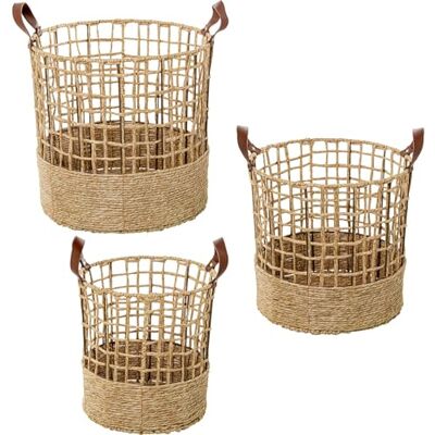 DRW Set di 3 cestini in corda di carta con manici in ecopelle naturale ø43x41+ø38x36+ø32x33 cm DRW Set di 3 cestini in corda di carta con manici in ecopelle naturale ø43x41+ø38x36+ø32x33 cm