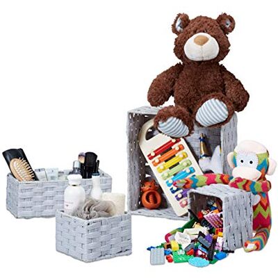 Relaxdays Cestini Portaoggetti, Intrecciati, Impilabili, Universali, per Il Bagno, in Plastica e bambù, Varie Misure, Grigio, Set da 4 Relaxdays Cestini Portaoggetti, Intrecciati, Impilabili, Universali, per Il Bagno, in Plastica e bambù, Varie Misure, Grigio, Set da 4