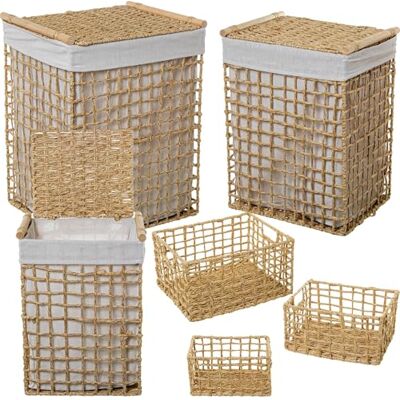 DRW Set di 6 cestini di corda di carta con tessuto cotone poliestere naturale e bianco 43 x 36 x 56 + 38 x 31 x 51 + 33 x 25 x 46 cm DRW Set di 6 cestini di corda di carta con tessuto cotone poliestere naturale e bianco 43 x 36 x 56 + 38 x 31 x 51 + 33 x 25 x 46 cm