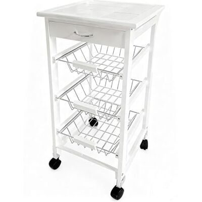 DRW Carrello da Cucina con 1 cassetto in Legno e 3 cestini in Metallo Bianco, 76 x 37 x 37 cm DRW Carrello da Cucina con 1 cassetto in Legno e 3 cestini in Metallo Bianco, 76 x 37 x 37 cm