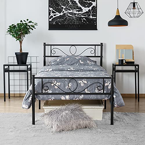 Yaheetech Letto Singolo in Ferro Battuto a Doghe Struttura Letto in Metallo 90 x 190 cm Stile Rustico Moderno Testiera Elegante Nero Portata 136 kg