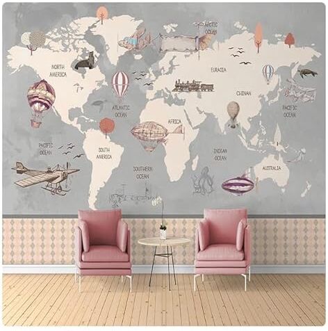 SMALLSNOT Retro Mappa del mondo Grande murale dipinto a mano aeroplano mongolfiera camera dei bambini camera dei ragazzi camera da letto foto wallpaper decorazione * 200 cm x 140 cm (78,7x55,1 pollici)