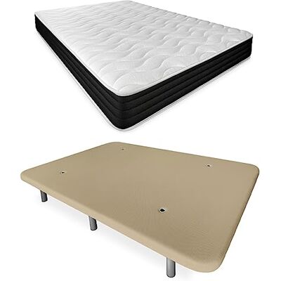 DUÉRMETE ONLINE Letto completo con materasso Pocket Visco Reversibile + Base imbottita rinforzata Beige con 6 gambe, legno, 135 x 190 cm DUÉRMETE ONLINE Letto completo con materasso Pocket Visco Reversibile + Base imbottita rinforzata Beige con 6 gambe, legno, 135 x 190 cm