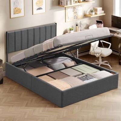 VASAGLE Struttura Letto, 140 x 200 cm, Letto Sollevabile con Contenitore, Testiera, Sollevamento Idraulico, Moderno e Semplice, Montaggio Facile, Grigio Scuro RMB614G02 VASAGLE Struttura Letto, 140 x 200 cm, Letto Sollevabile con Contenitore, Testiera, Sollevamento Idraulico, Moderno e Semplice, Montaggio Facile, Grigio Scuro RMB614G02