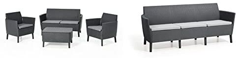 Keter Salemo Lounge Set, Set Mobili da Giardino in Rattan con Divano 2 Posti 2 Poltrone e Tavolino & Salemo Divano da Esterno 3 Posti, Cuscini Inclusi, 76 x 66.5 x 187cm, Nero (Grafite)