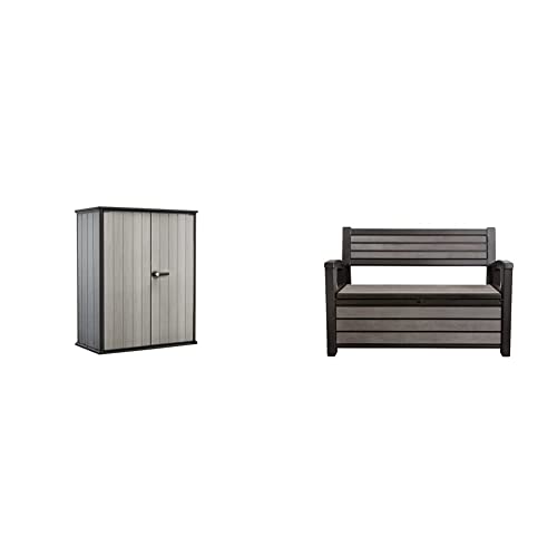 Keter High Store Plus Box Porta Attrezzi, da Esterno, Grigio, 140 W x 73.6 D x 170.4 H cm & Hudson Panca contenitore, Resina, Capienza 260 L, Grigio Scuro, 132.7 x 61.2 x 89 cm