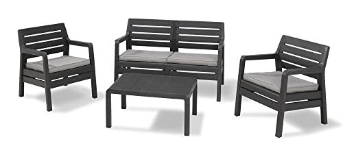 Keter Delano Lounge Set, Set Mobili da Giardino con Divano 2 Posti 2 Poltrone e Tavolino, Grafite