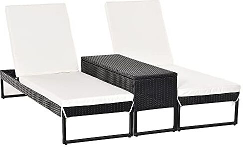 Outsunny 3pz Componibile 2 Lettinio Prendisole da Giardino(60 x 195 x 86cm) e 1 Tavolino (121 x 40 x 50cm) Rattan con Materassini, Nero e Bianco Crema