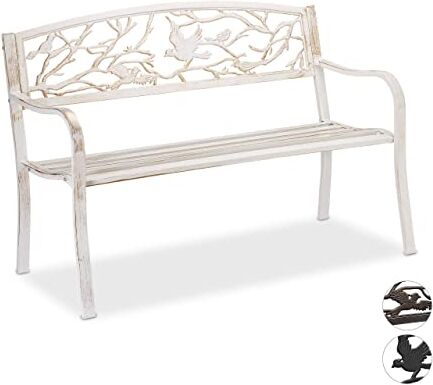 Relaxdays Panchetta Panca da Giardino, con Volatili Decorativi, Accessorio di Arredo da Esterno, 87x127x57 cm, Bronzo, Acciaio, colata, Bianco/Oro, 1 pz