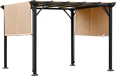 Outsunny Pergola Gazebo da Giardino in Acciaio con Tende Regolabili 3x3m, Marrone Chiaro