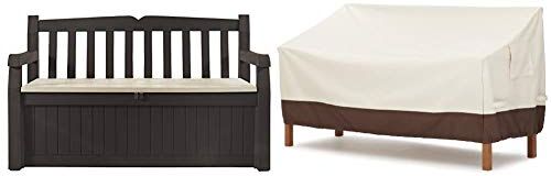 Keter Cassapanca Eden Bench Marrone con Seduta Beige 265 Lt in Resina Cm 140X60X84 H & Amazon Basics Telo di copertura sagomato per panca a 3 posti