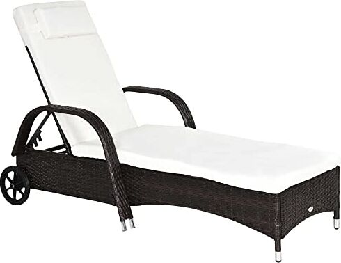 Outsunny Lettino Prendisole da Giardino con Ruote, Sedia a Sdraio per Spiaggia con Altezza Regolabile in Rattan, Marrone e Crema, 200x73x103cm