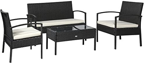 Outsunny Set Mobili da Giardino in Rattan Sintetico Composto da 1 tavolino 2 poltrone e 1 divano a 2 posti Nero e Crema