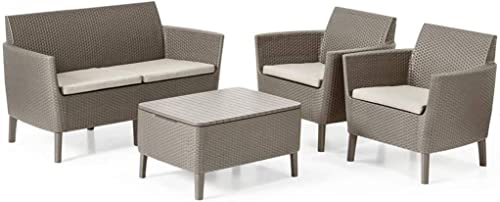 Keter Salemo Lounge Set, Set Mobili Da Giardino In Rattan Con Divano 2 Posti 2 Poltrone E Tavolino Porta Cuscini, Cappuccino