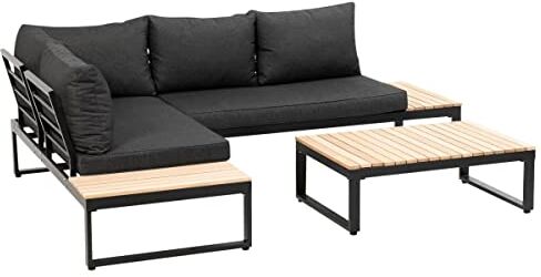 greemotion Set Divano angolare Giardino in Alluminio e Legno di Acacia FSC® 100% "Rio, Set mobili Lounge Giardino, divani Tavolo e Cuscini, Grigio