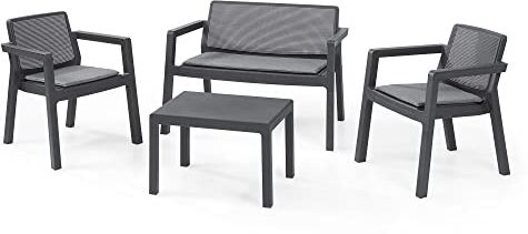 Keter Emily Lounge Set, Mobili da Giardino Superficie Liscia con Divano 2 Posti 2 Sedie E Tavolino, Grafite