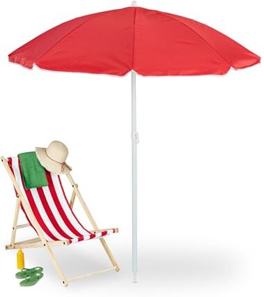 Relaxdays Ombrellone, Ø 160 cm, Pieghevole, Regolabile in Altezza, Protezione UV, Borsa da Trasporto, Spiaggia, Rosso, Acciaio