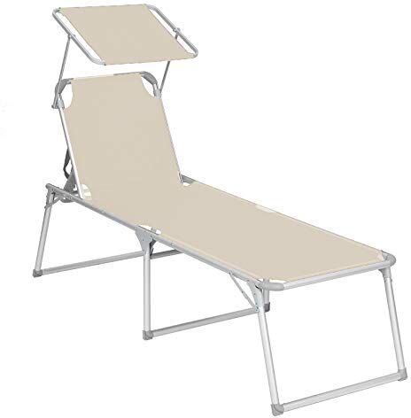 SONGMICS Lettino Prendisole Grande, Sdraio Pieghevole, 65 x 200 x 48 cm, Max Portata 150 kg, con Parasole e Schienale Reclinabile, per Giardino Terrazzo Balcone, Beige