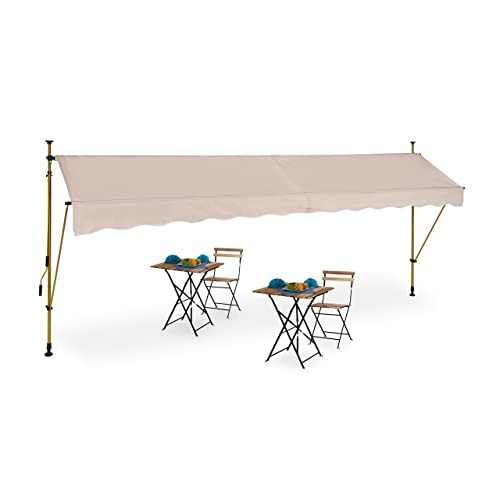 Relaxdays Tenda da Sole, Protezione per Il Balcone, Regolabile, Pensilina, Senza Fori, Manovella, 400x120 cm, Beige Oro, Poliestere Lega di Acciaio Alluminio