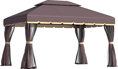 Outsunny Gazebo da Giardino 3.9x2.9m in Alluminio con Tetto Doppio, Zanzariera e Teli Laterali, Colore Caffè