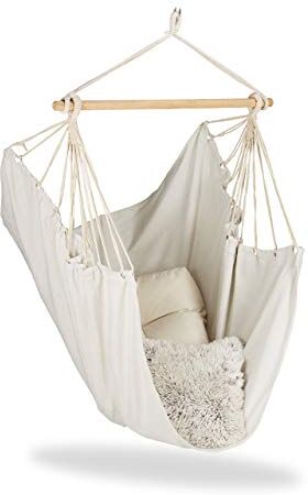 Relaxdays Sedia Sospesa, Moderna, Poltrona in Cotone per Bambini e Adulti, Indoor e Outdoor, Fino a 150 kg, Beige