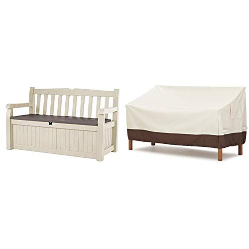 Keter Cassapanca Eden Banca Beige con Seduta Marrone 265 Lt in Resina, 140x60x84 cm & Amazon Basics Telo di copertura sagomato per panca a 3 posti