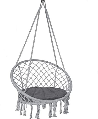 VOUNOT Poltrona Sospesa da Giardino, Sedia Amaca Altalena Macrame con Cuscino Rotondo, Ø80cm Capacità 120 kg, per Interni Esterno Giardino, Grigio