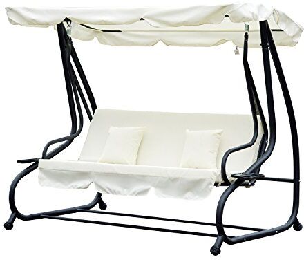 Outsunny Dondolo da Giardino 3 Posti, Convertibile in Letto a Dondolo con Tetto Regolabile, 2 Portabicchieri, Crema, 200×120×164cm