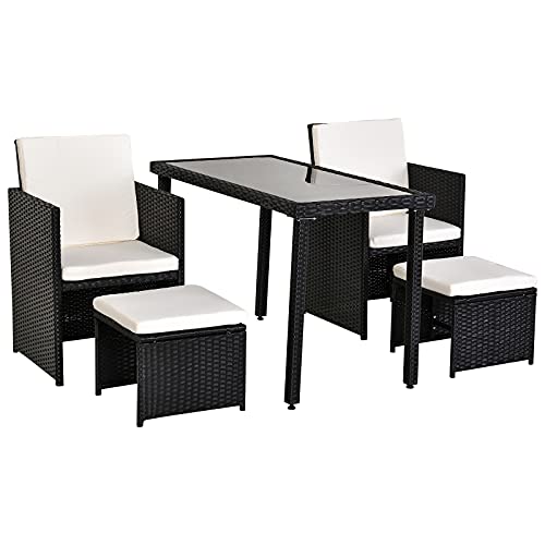 Outsunny Set Mobili da Giardino in Rattan 5 Pezzi Tavolo 2 Sedie 2 Poggiapiedi con Cuscini Combinabili a Rettangolo