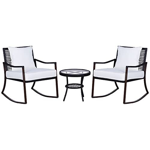 Outsunny Set 2 Sedie a Dondolo da Giardino con Tavolino con Cuscini Esterno Rattan Marrone