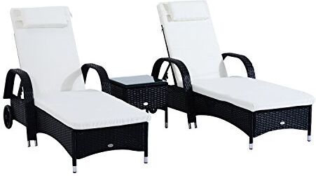 Outsunny Set Mobili da Giardino 2 Sedie a Sdraio e Tavolino 3pz Lettino Prendisole Rotelle Reclinabile Rattan Nero