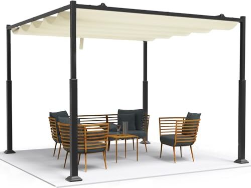 VOUNOT Gazebo Pergola 3x3M in Acciaio con Tetto a Scomparsa, Pergolato da Giardino con Telo Impermeabile Richiudibile in Poliestere e Struttura Rettangolare, Tendone per Patio Terrazzo Esterno, Beige