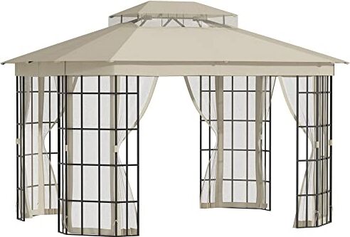 Outsunny Gazebo da Giardino 3.7x3m con Zanzariera e Tettuccio a 2 Livelli in Poliestere, Struttura in Metallo, Nero e Beige