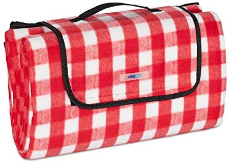 Relaxdays Coperta da Picnic XXL, Telo 200x200 cm, Plaid Impermeabile, Isolante, Spiaggia, Manico, a Quadri, Rosso/Bianco