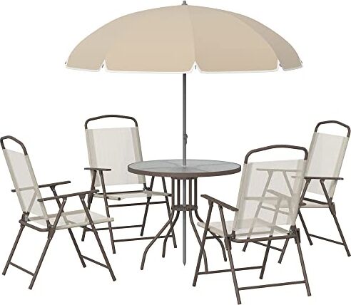 Outsunny 6 pz Set Mobili da Giardino in Tubi d'Acciaio, Tavolo da Giardino con Sedie e Ombrellone, Crema