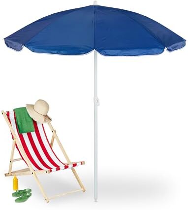 Relaxdays Ombrellone, Ø 160 cm, Pieghevole, Regolabile in Altezza, Protezione UV, Borsa da Trasporto, Spiaggia, Blu, Poliestere