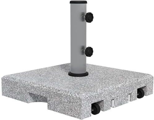 Outsunny Base per Ombrellone da 28kg in Granito, Basamento per Ombrellone da Giardino con Maniglia Estensibile e Rotelle, 41x41x37.5cm, Grigio