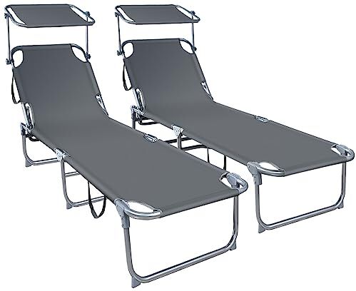 VOUNOT Set di 2 Lettino Prendisole Pieghevole, con Tettuccio Parasole e Schienale Regolabile, per Spiaggia, Piscina e Giardino, 190 x 58 x 27 cm, Grigio