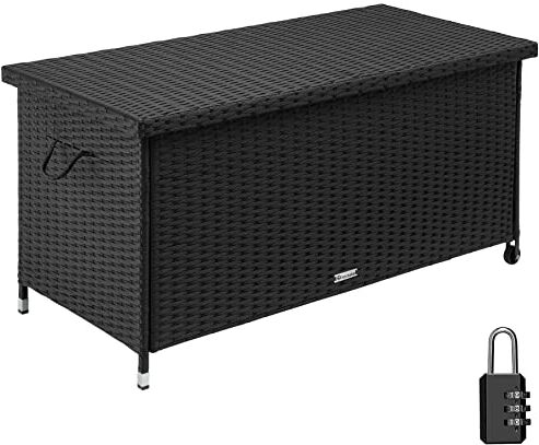 TecTake ® Box Contenitore da Esterno, Telaio in Acciaio, Intreccio in Polyrattan, Pratiche Maniglie, Rotelle, Tasca Estraibile, Chiusura a Combinazione, 120x55x61,5cm, 270 L Nero