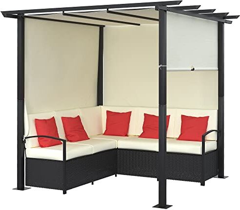 Outsunny Set da Giardino con 1 Divanetto, Panchina da Giardino a 2 Posti e Pergola Gazebo, Salotto da Esterni in Rattan PE con Cuscini e Tenda Regolabile, 230x230x210cm, Beige