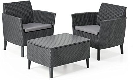 Keter Salemo Balcony Set, Set Mobili da Giardino in Rattan con 2 Poltrone e Tavolino Porta Cuscini, Grafite