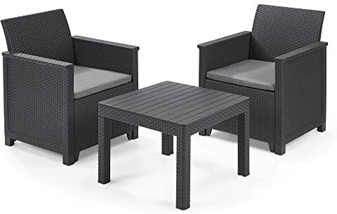 Keter Emma Balcony Set, Set Mobili Da Giardino In Rattan Con 2 Poltrone E Tavolino , Grafite