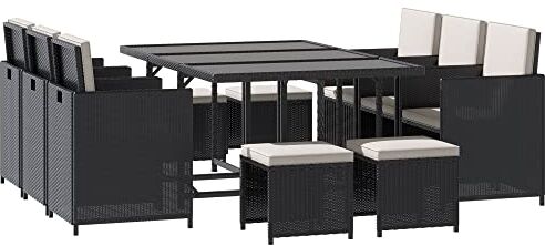 Outsunny Set 11 PZ Mobili da Giardino in Rattan da Esterno con Tavolo in Vetro Temperato e Cuscini, Set da Pranzo, Nero